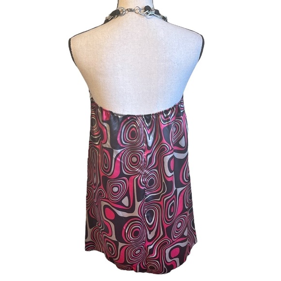Aziz Retro Y2K Satin 60's Go-go Psychedelic Print Mini Halter Dress Women's S - Picture 3 of 10